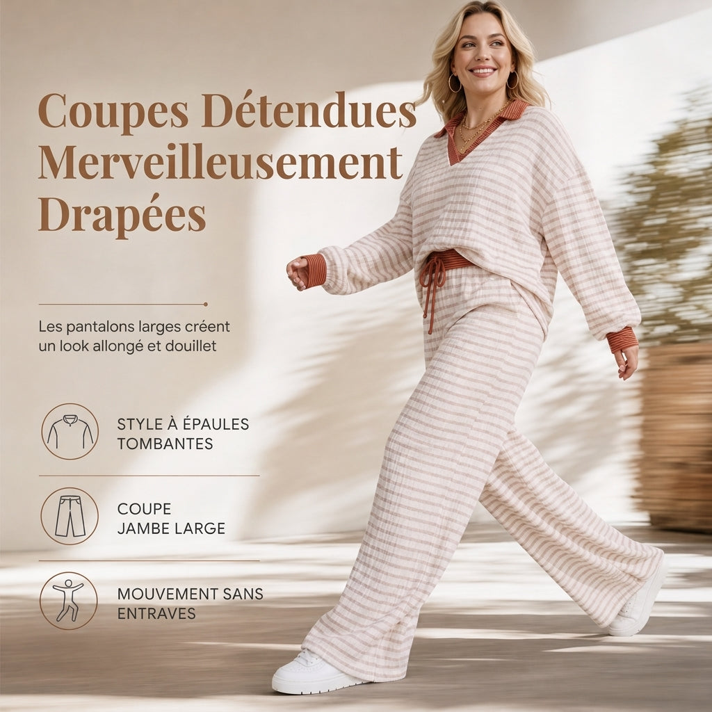 Ensemble de détente décontracté rayé pour femme, haut à manches longues et col V et pantalon à jambe large, deux pièces, coupe détendue