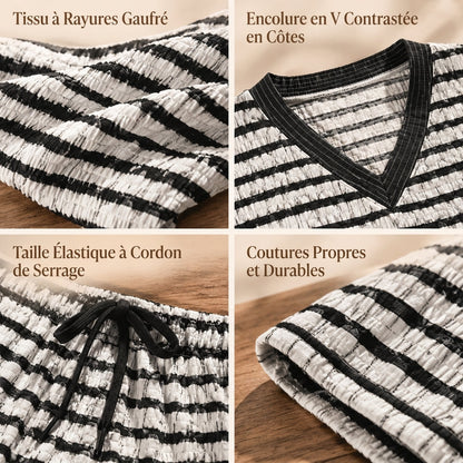 Ensemble de détente décontracté rayé pour femme, haut à manches longues et col V et pantalon à jambe large, deux pièces, coupe détendue