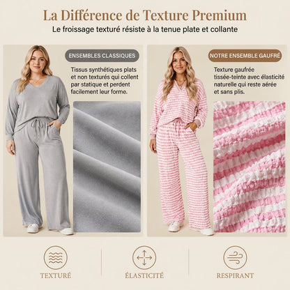 Ensemble de détente décontracté rayé pour femme, haut à manches longues et col V et pantalon à jambe large, deux pièces, coupe détendue