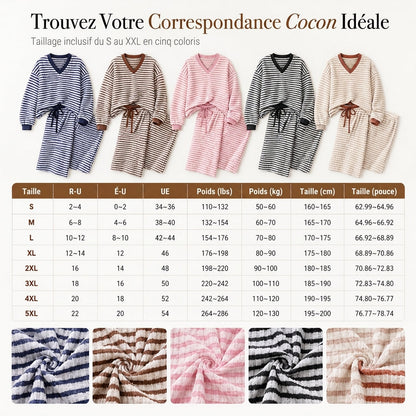 Ensemble de détente décontracté rayé pour femme, haut à manches longues et col V et pantalon à jambe large, deux pièces, coupe détendue