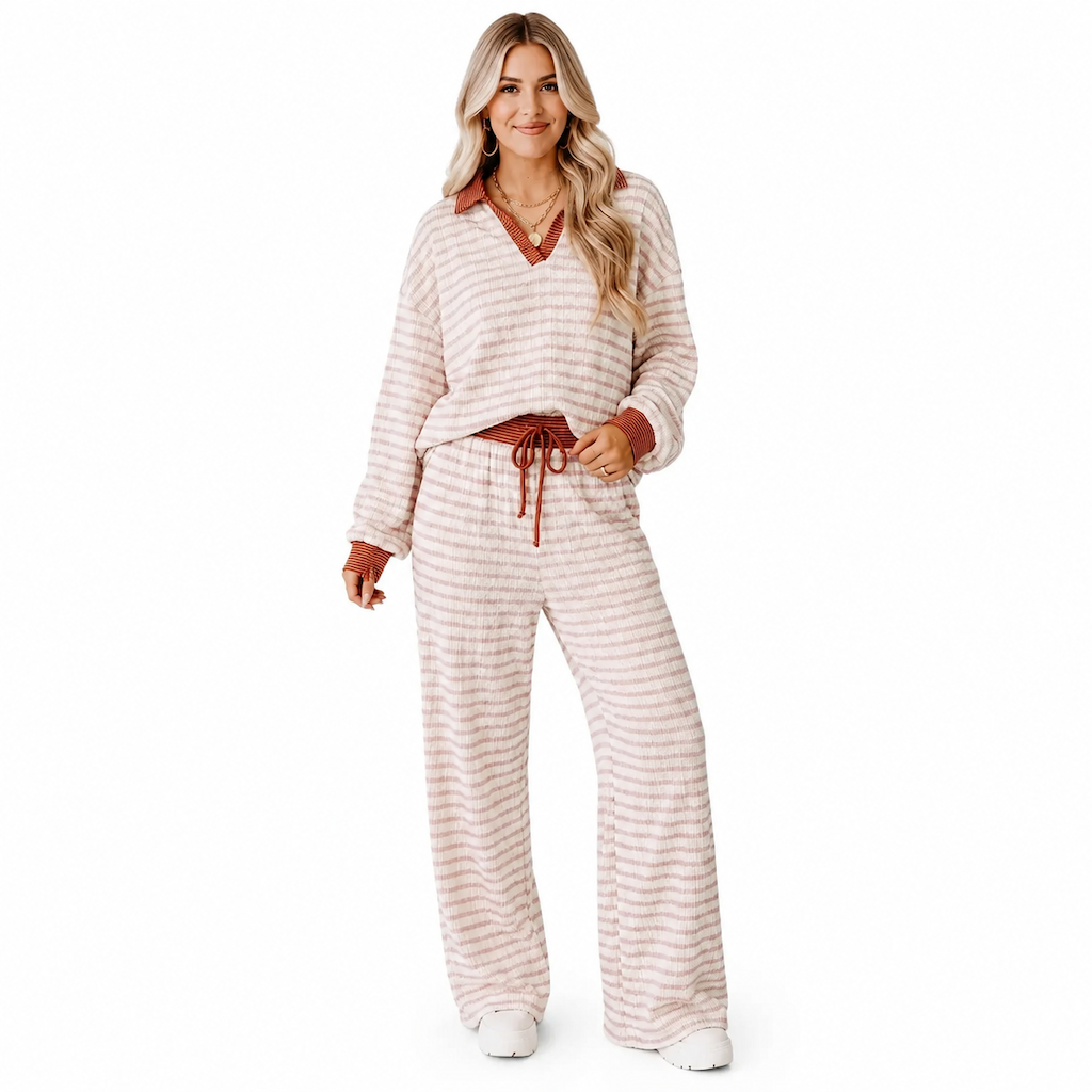 Ensemble de détente décontracté rayé pour femme, haut à manches longues et col V et pantalon à jambe large, deux pièces, coupe détendue