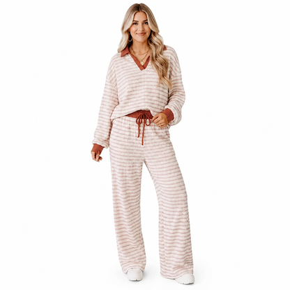 Ensemble de détente décontracté rayé pour femme, haut à manches longues et col V et pantalon à jambe large, deux pièces, coupe détendue
