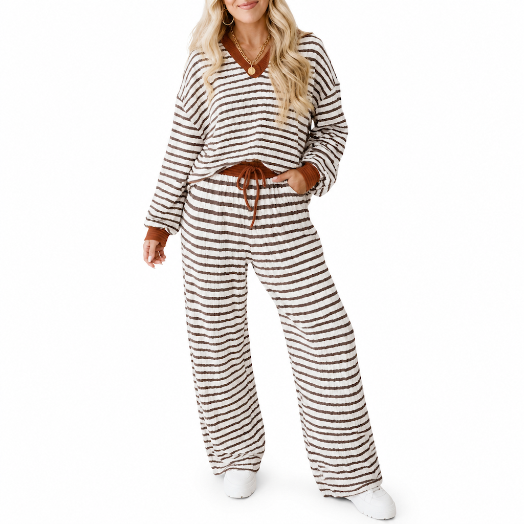 Ensemble de détente décontracté rayé pour femme, haut à manches longues et col V et pantalon à jambe large, deux pièces, coupe détendue