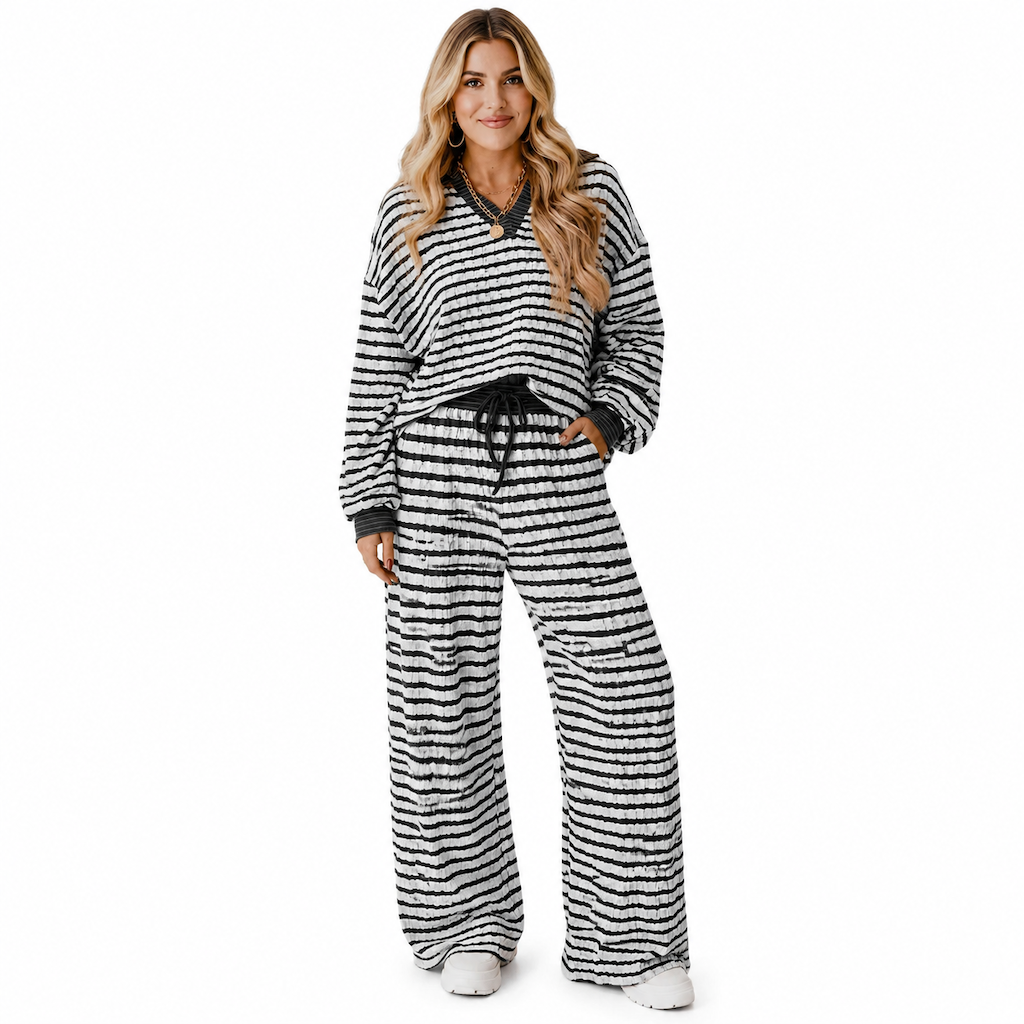Ensemble de détente décontracté rayé pour femme, haut à manches longues et col V et pantalon à jambe large, deux pièces, coupe détendue