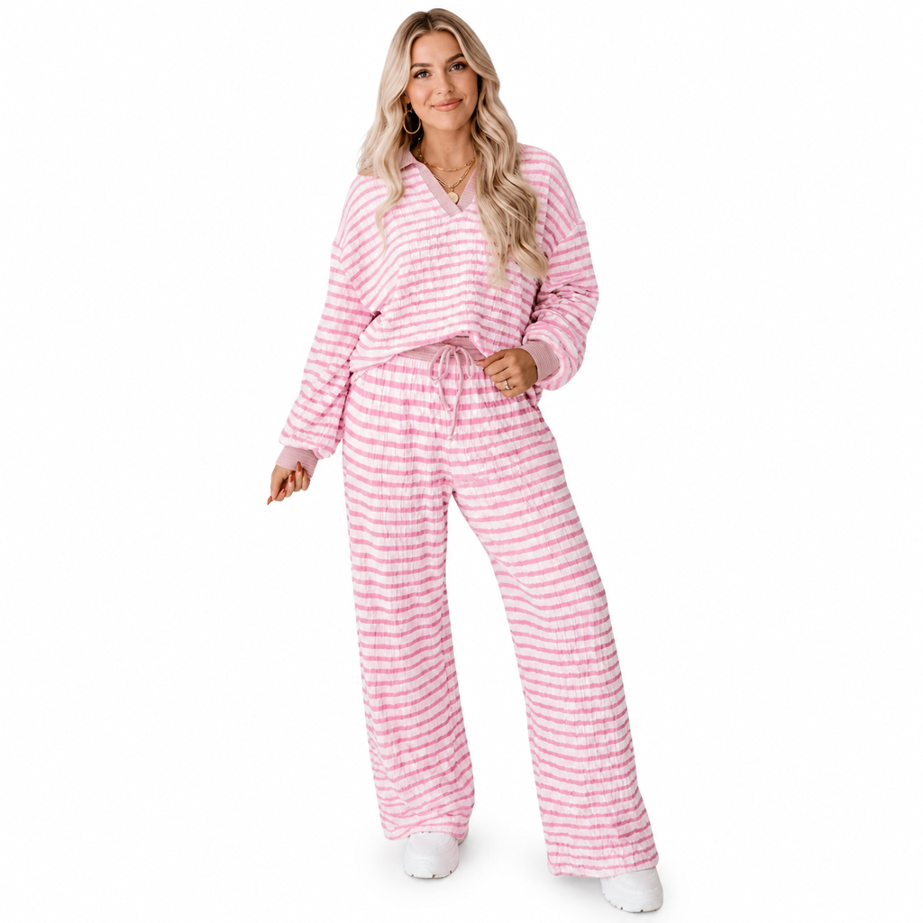 Ensemble de détente décontracté rayé pour femme, haut à manches longues et col V et pantalon à jambe large, deux pièces, coupe détendue