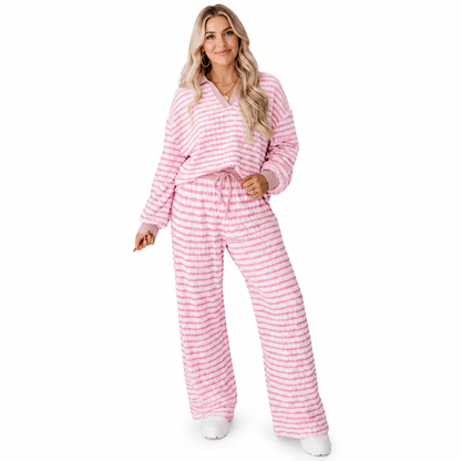 Ensemble de détente décontracté rayé pour femme, haut à manches longues et col V et pantalon à jambe large, deux pièces, coupe détendue