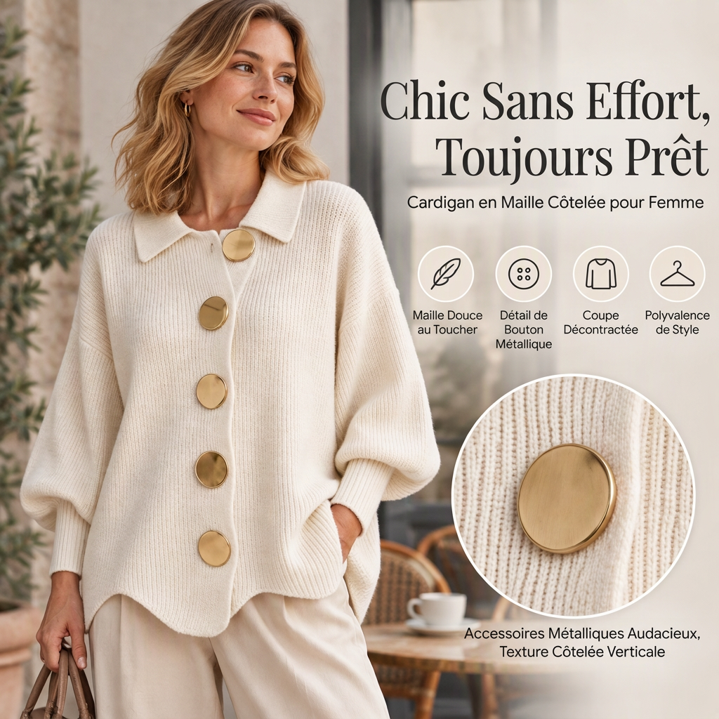 Gilet en maille élégant à col revers pour femme avec boutons dorés