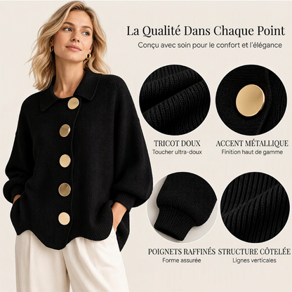 Gilet en maille élégant à col revers pour femme avec boutons dorés