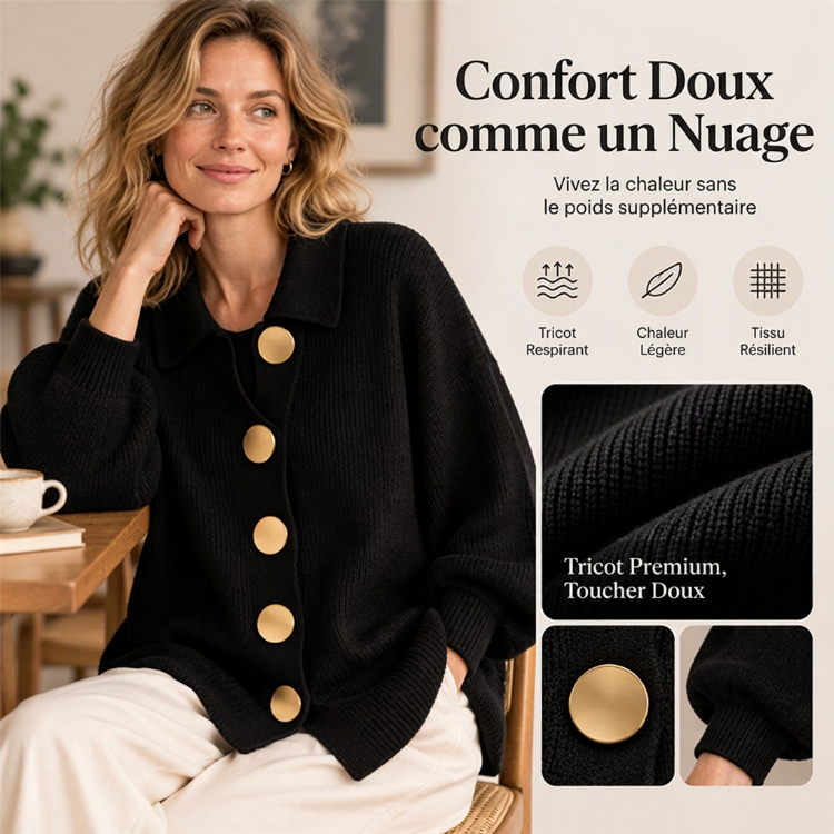 Gilet en maille élégant à col revers pour femme avec boutons dorés