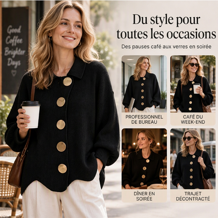 Gilet en maille élégant à col revers pour femme avec boutons dorés