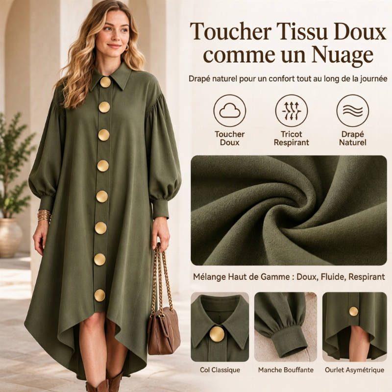 Robe Femme Vintage à Boutons et Manches Bouffantes