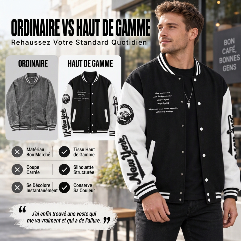 Veste de baseball d'occasion à bloc de couleurs pour hommes