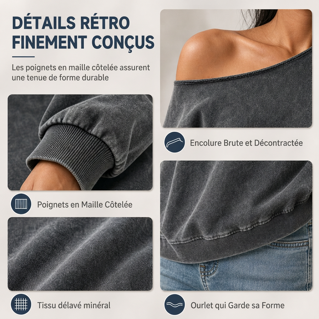Sweat-shirt décontracté à épaules dénudées, lavage minéral, oversize et slouchy pour femme