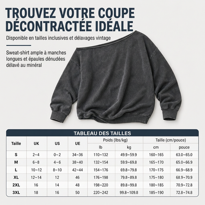 Sweat-shirt décontracté à épaules dénudées, lavage minéral, oversize et slouchy pour femme