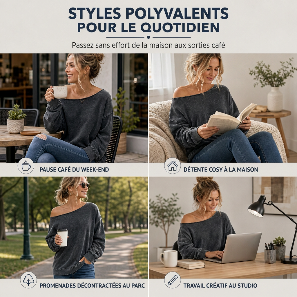 Sweat-shirt décontracté à épaules dénudées, lavage minéral, oversize et slouchy pour femme