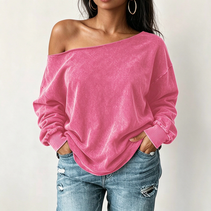 Sweat-shirt décontracté à épaules dénudées, lavage minéral, oversize et slouchy pour femme