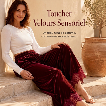 Pantalon large en velours pour femmes avec garniture en dentelle