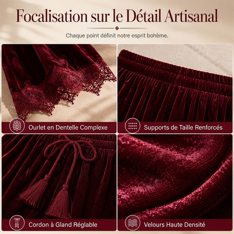 Pantalon large en velours pour femmes avec garniture en dentelle