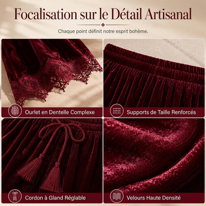 Pantalon large en velours pour femmes avec garniture en dentelle
