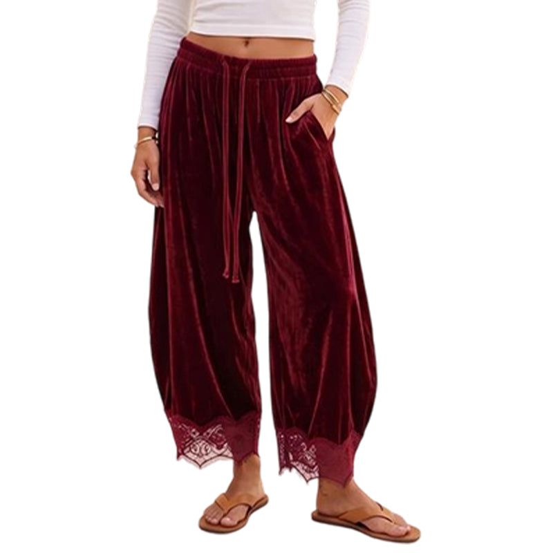 Pantalon large en velours pour femmes avec garniture en dentelle