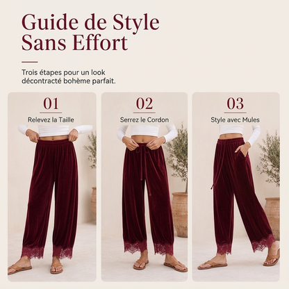 Pantalon large en velours pour femmes avec garniture en dentelle
