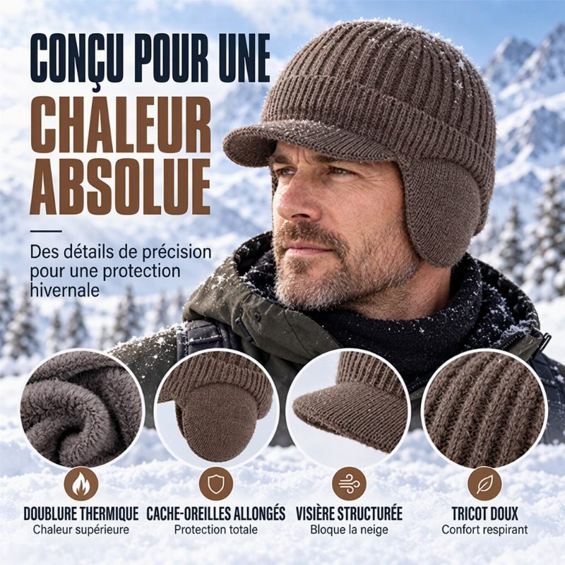Bonnet en tricot d'hiver pour homme avec visière et protège-oreilles