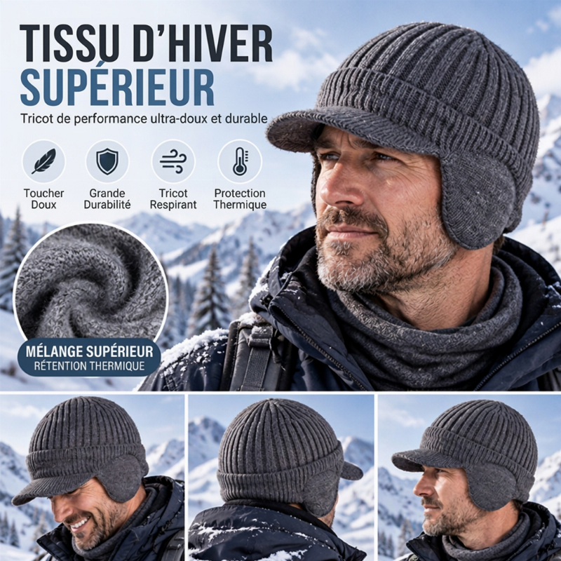 Bonnet en tricot d'hiver pour homme avec visière et protège-oreilles