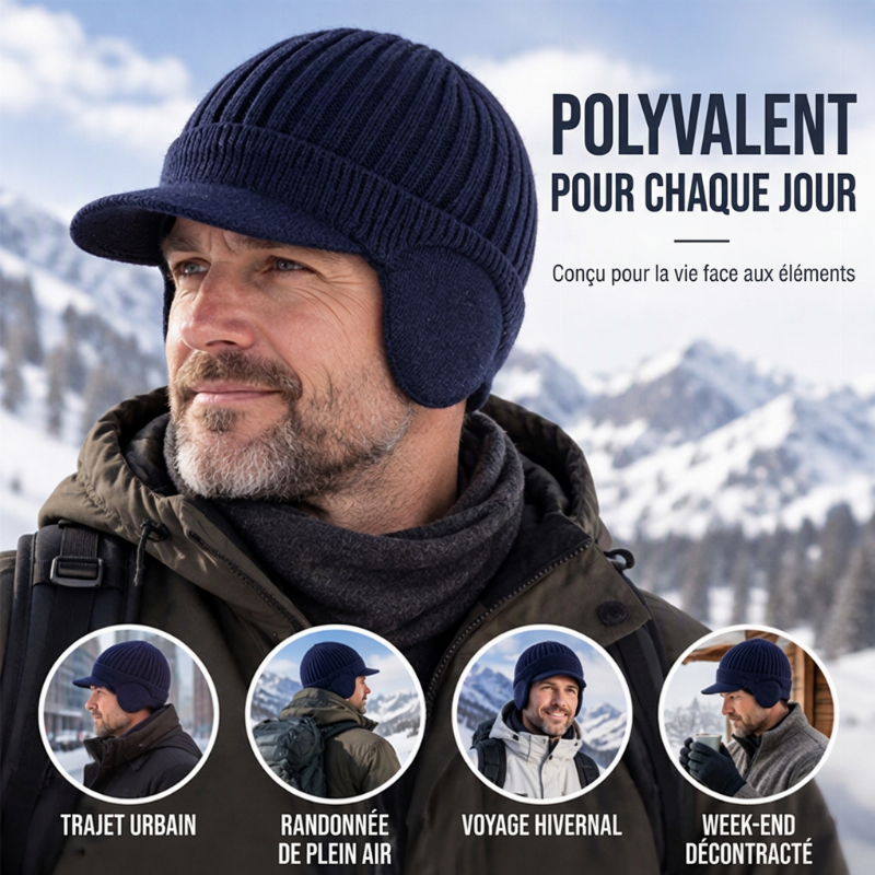 Bonnet en tricot d'hiver pour homme avec visière et protège-oreilles
