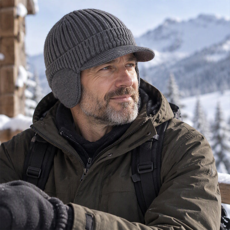 Bonnet en tricot d'hiver pour homme avec visière et protège-oreilles