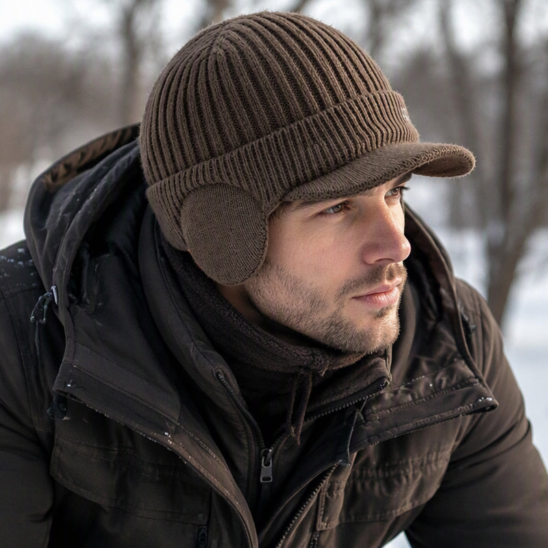 Bonnet en tricot d'hiver pour homme avec visière et protège-oreilles