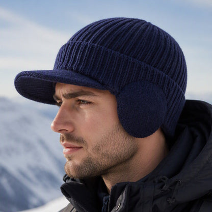 Bonnet en tricot d'hiver pour homme avec visière et protège-oreilles