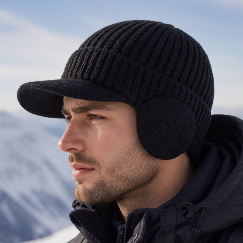 Bonnet en tricot d'hiver pour homme avec visière et protège-oreilles