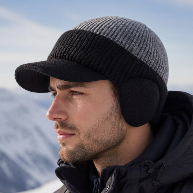 Bonnet en tricot d'hiver pour homme avec visière et protège-oreilles