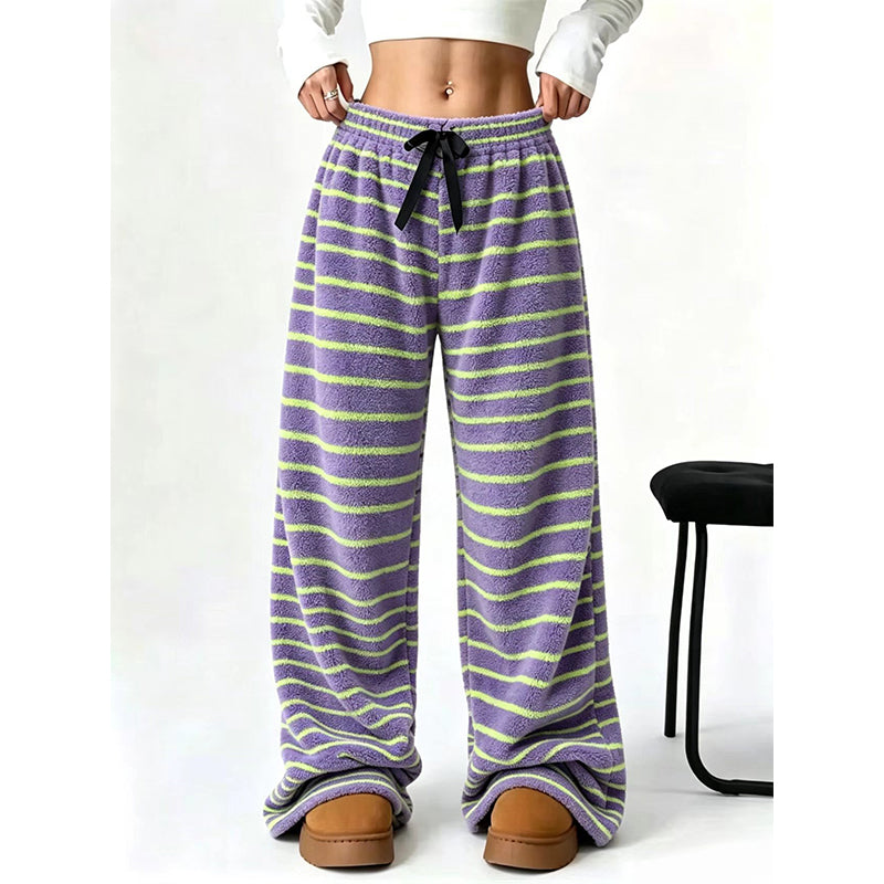 Pantalon large rayé en peluche réversible pour dames