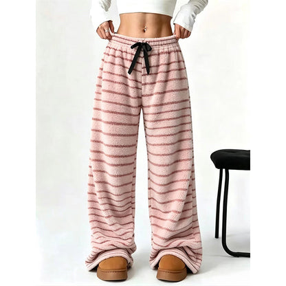 Pantalon large rayé en peluche réversible pour dames