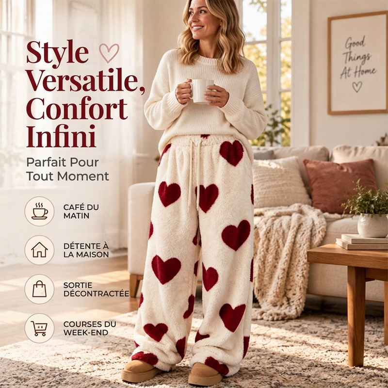 Pants larges en peluche pour femme avec imprimé cœur