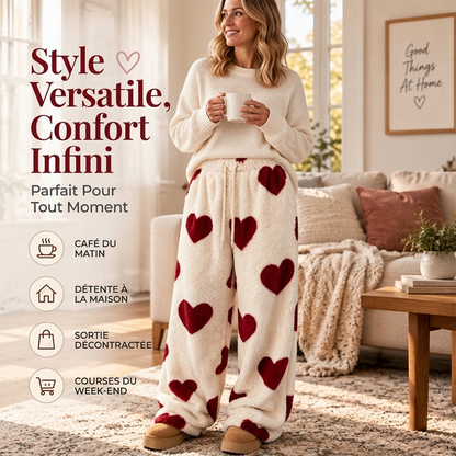 Pants larges en peluche pour femme avec imprimé cœur