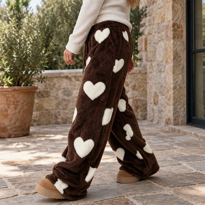 Pants larges en peluche pour femme avec imprimé cœur