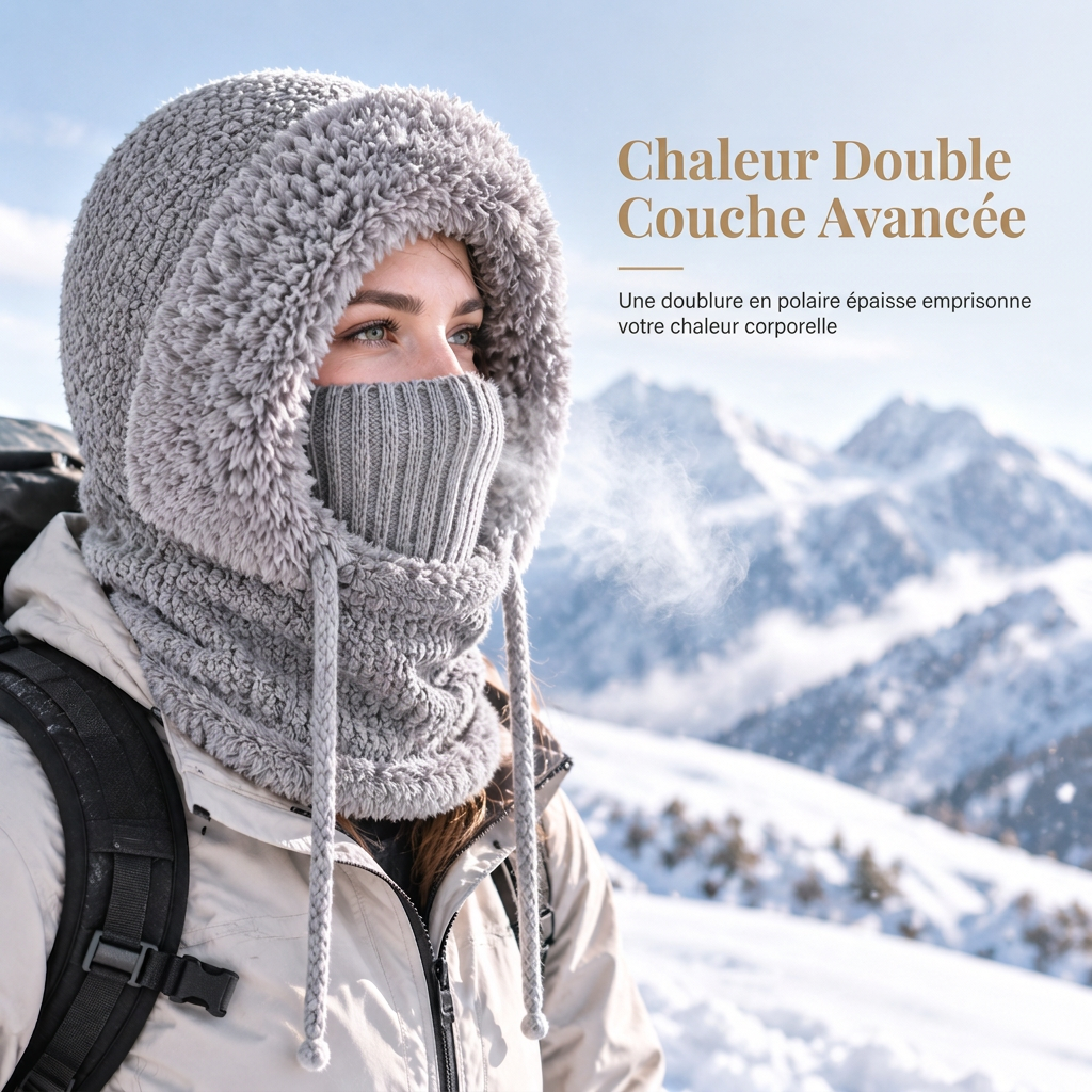 Bonnet en tricot épais pour femme avec tour de cou et masque facial intégrés, bonnet chaud de protection des oreilles pour les activités extérieures en hiver