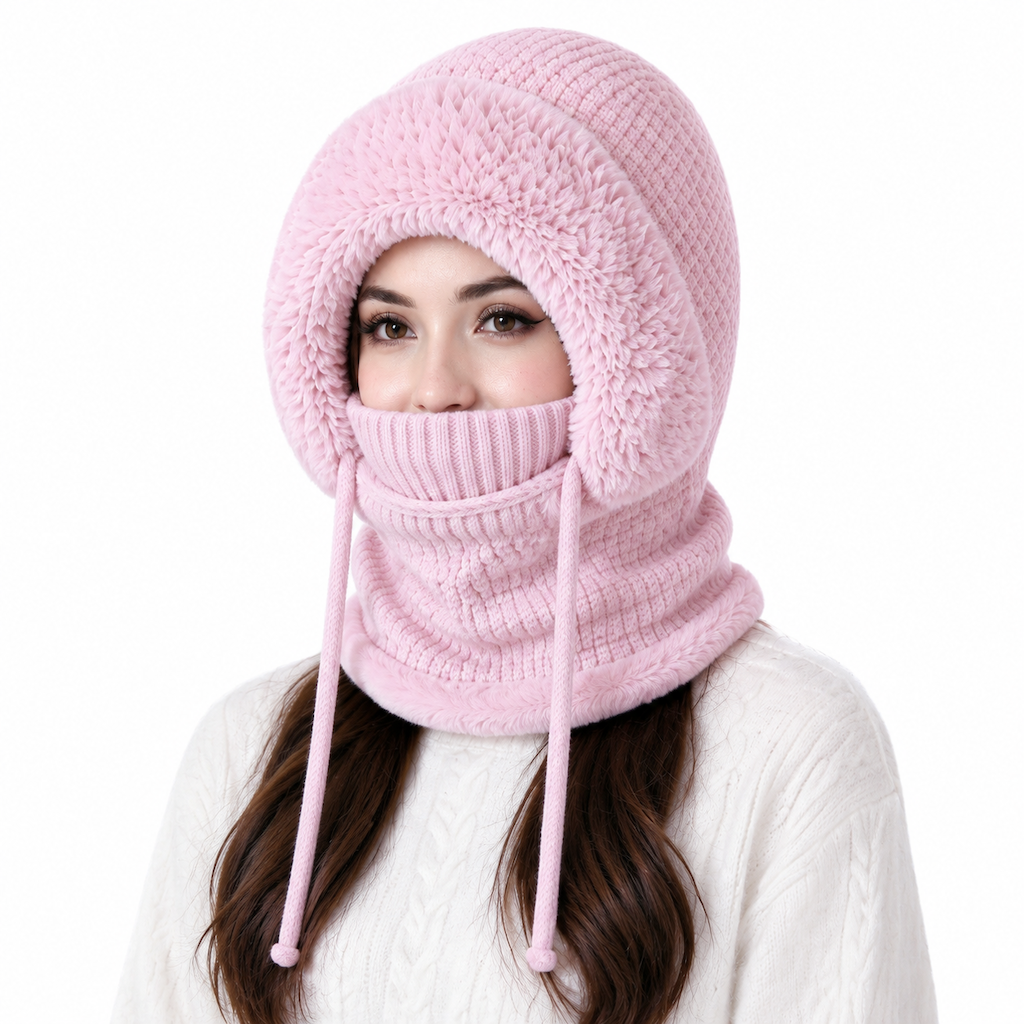 Bonnet en tricot épais pour femme avec tour de cou et masque facial intégrés, bonnet chaud de protection des oreilles pour les activités extérieures en hiver