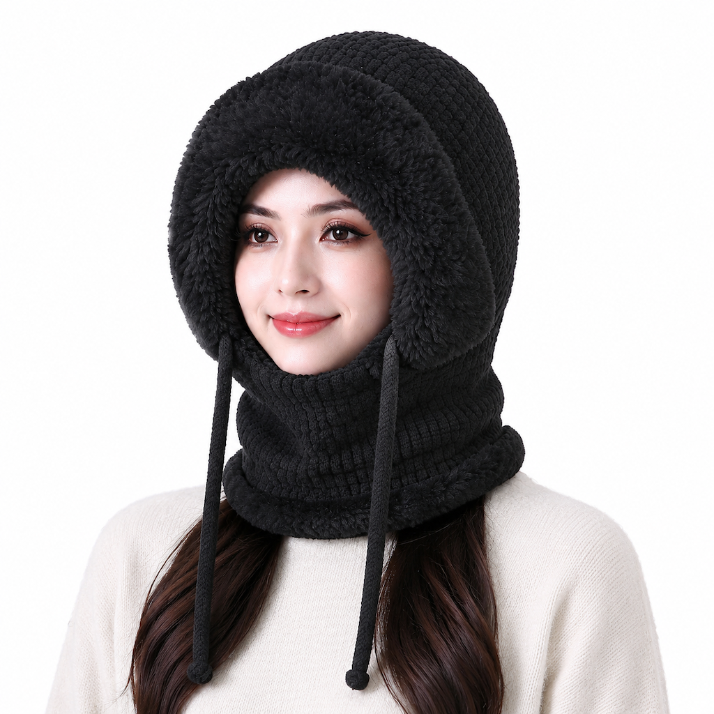 Bonnet en tricot épais pour femme avec tour de cou et masque facial intégrés, bonnet chaud de protection des oreilles pour les activités extérieures en hiver