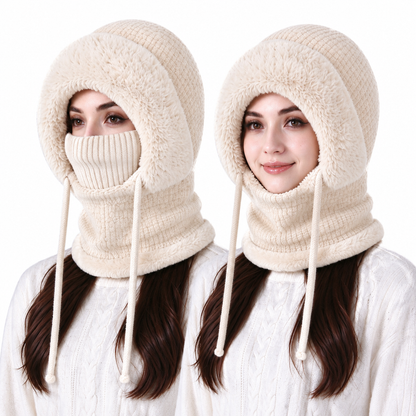Bonnet en tricot épais pour femme avec tour de cou et masque facial intégrés, bonnet chaud de protection des oreilles pour les activités extérieures en hiver