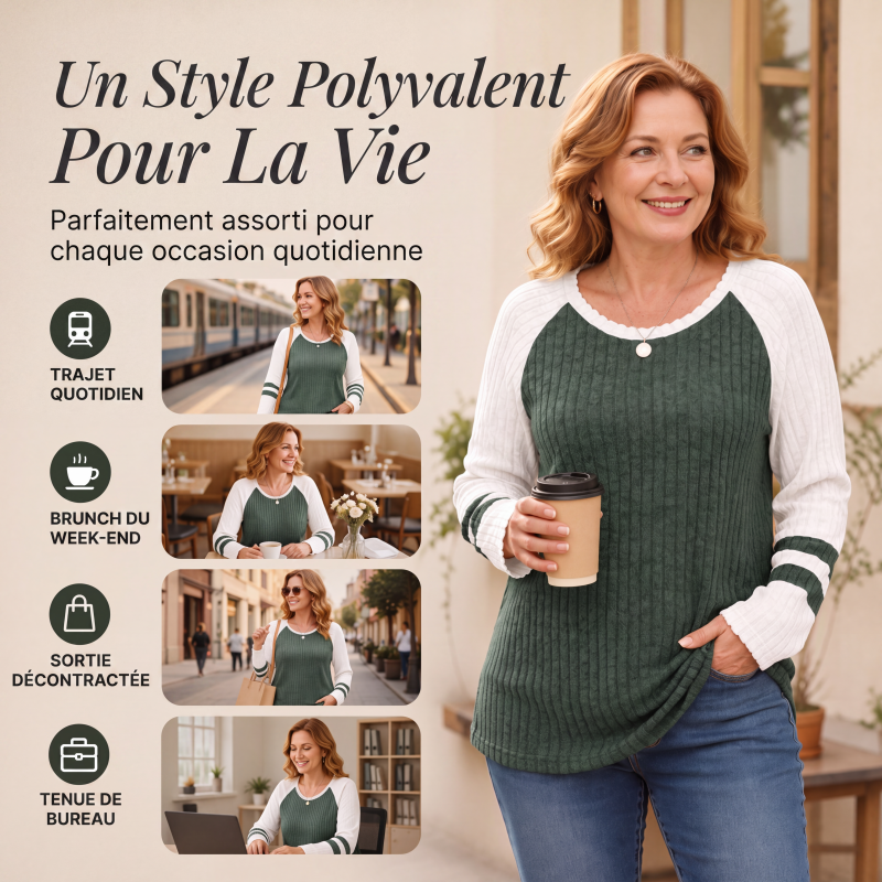 Haut en maille côtelée à manches longues color-block pour femme