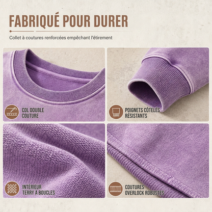 Pull à col rond épais unisexe, style vintage lavé