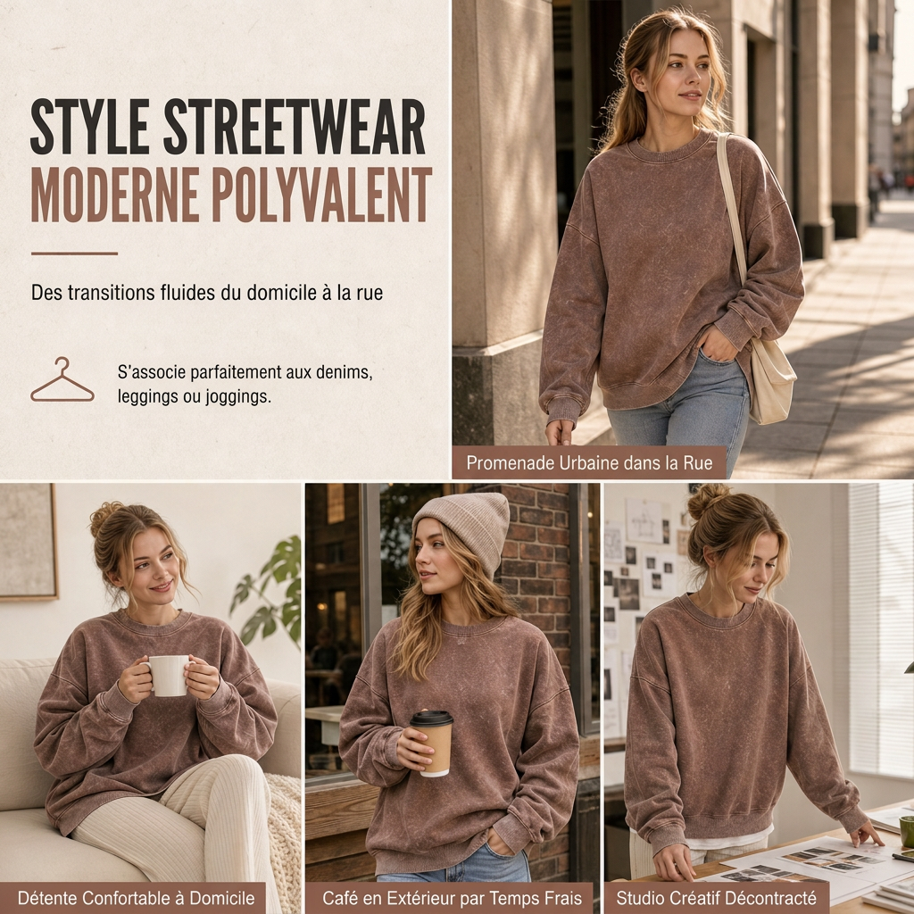 Pull à col rond épais unisexe, style vintage lavé