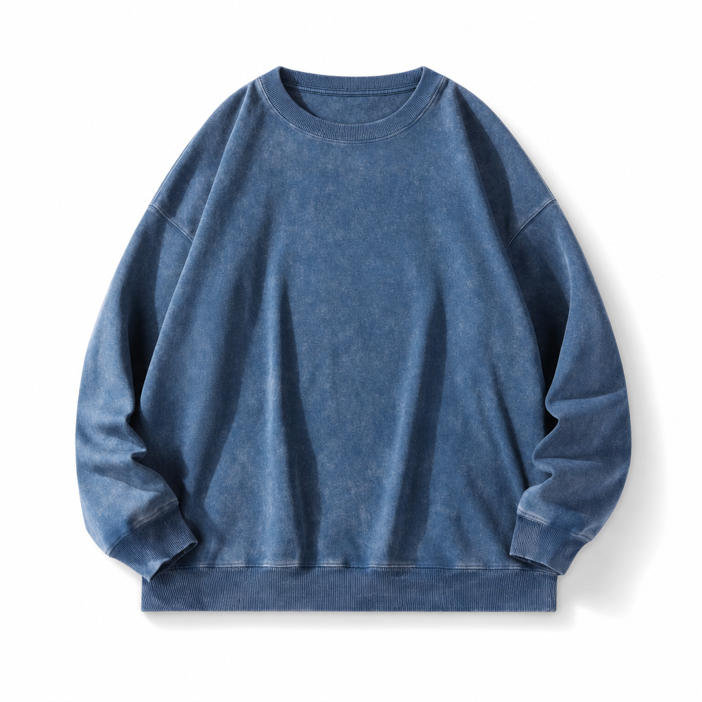 Pull à col rond épais unisexe, style vintage lavé