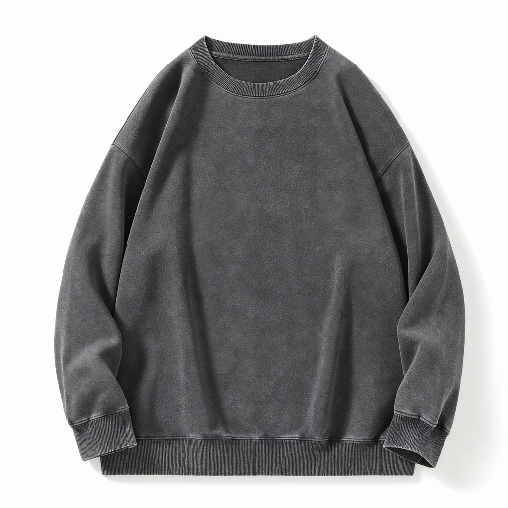 Pull à col rond épais unisexe, style vintage lavé
