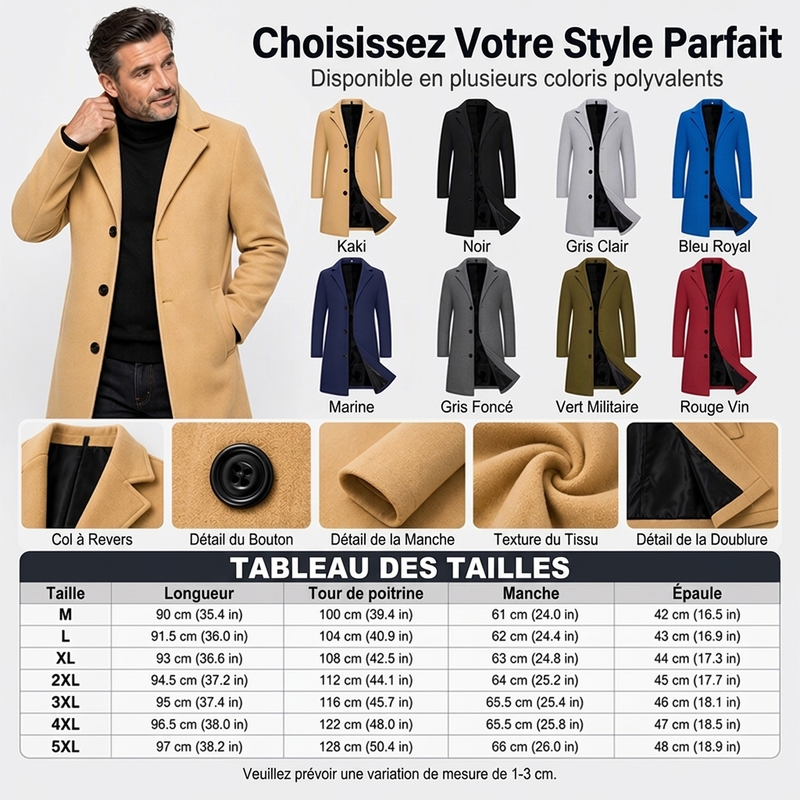 Manteau classique mi-long à boutonnage simple pour homme