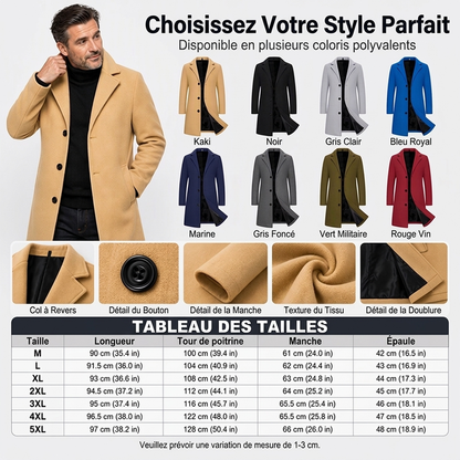 Manteau classique mi-long à boutonnage simple pour homme