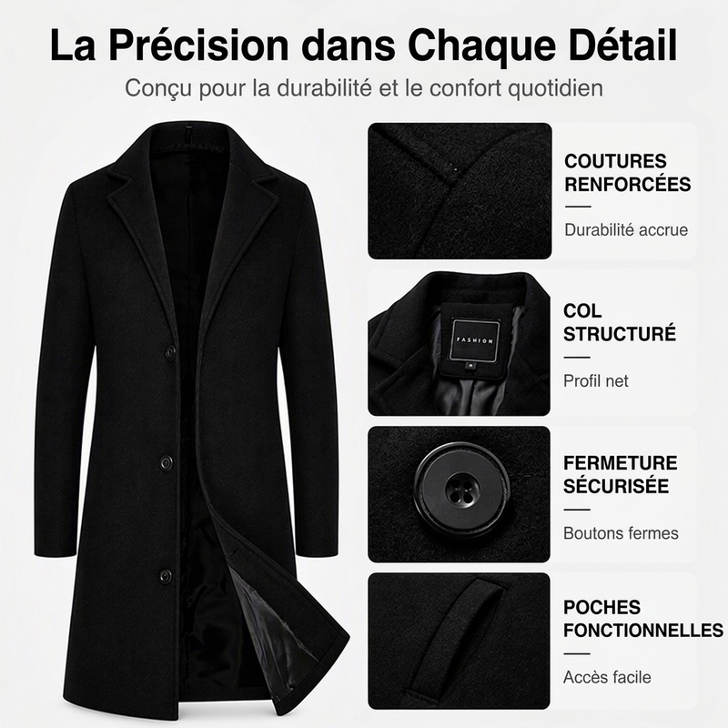 Manteau classique mi-long à boutonnage simple pour homme